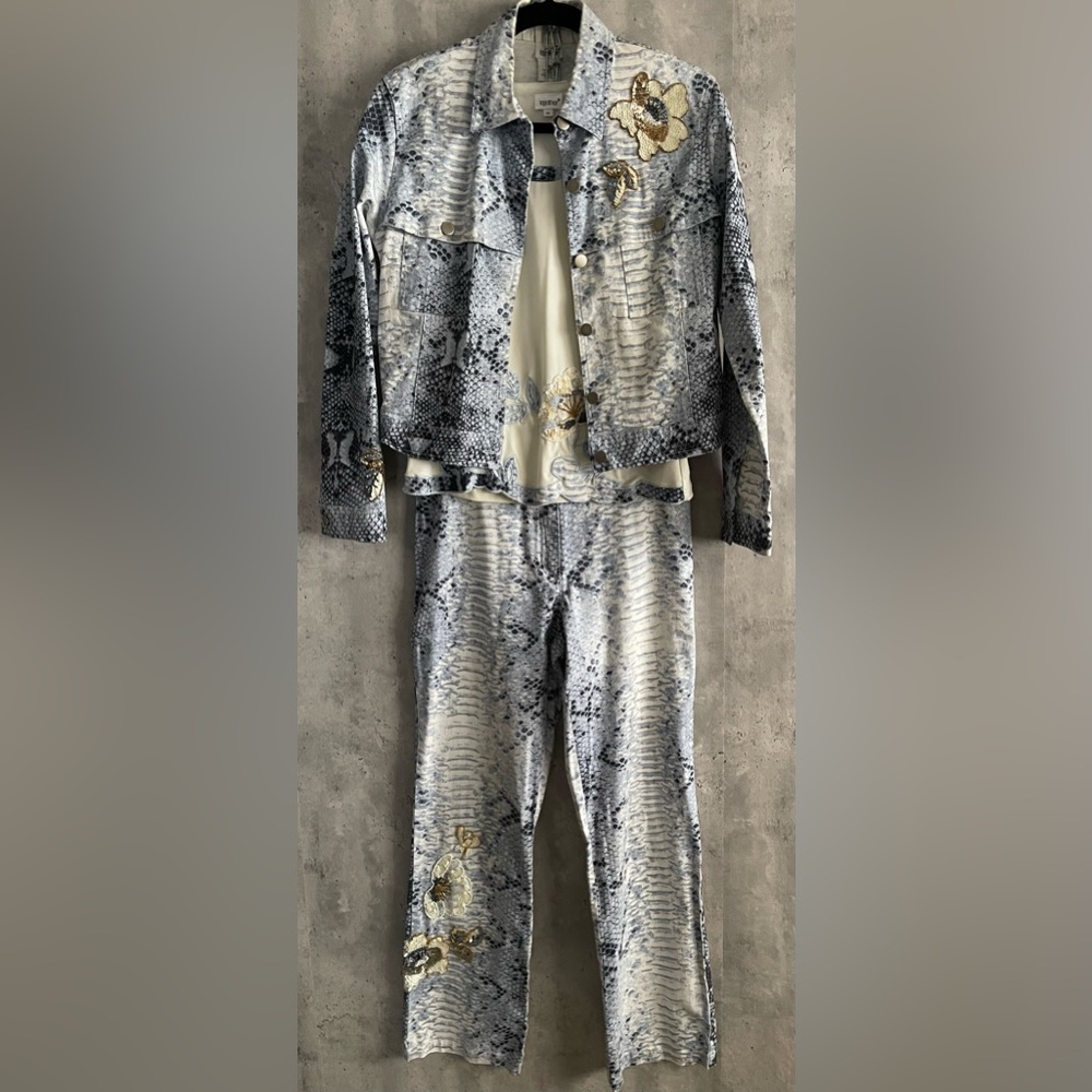 VTG TOGETHER 4pc Jacket BlouseTee Snake Skin Cotton Blend Blue Jean Pant Set Sz8